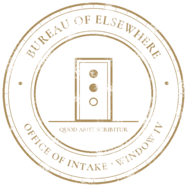 Seal of the Bureau of Elsewhere: a doorway with three lamps, the lowest unlit.